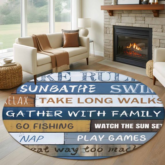 Round Area Rug 5ft Lake Rules Farm Blue Wood Board Area Rugs Washable Low Pile Floor Carpet for Bedroom, Quote Wooden Grain Non Slip Soft Rugs for Living Room Entryway Dining Room