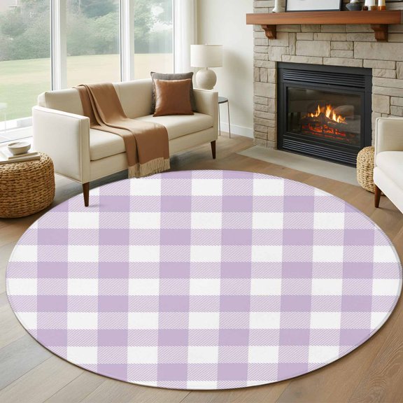 Round Area Rug 5ft Lavender Purple Grid Area Rugs Washable Low Pile Floor Carpet for Bedroom, Farm Pastoral Theme Non Slip Soft Rugs for Living Room Entryway Dining Room