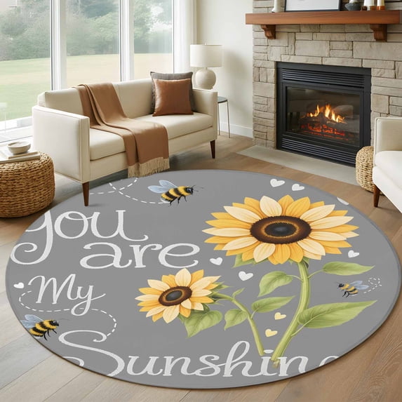 Round Area Rug 5ft,Letters You Are My Sunshine Washable Carpet Non-Slip Runner Accent Rugs Indoor Floor Mat for Bedroom Living Room Decor,Pastoral Sunflowers on Gray