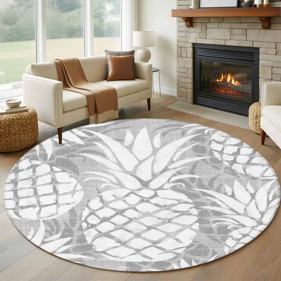 Round Area Rug 5ft Light Gray Pineapple Area Rugs Washable Low Pile Floor Carpet for Bedroom, Modern Fruit Art Non Slip Soft Rugs for Living Room Entryway Dining Room
