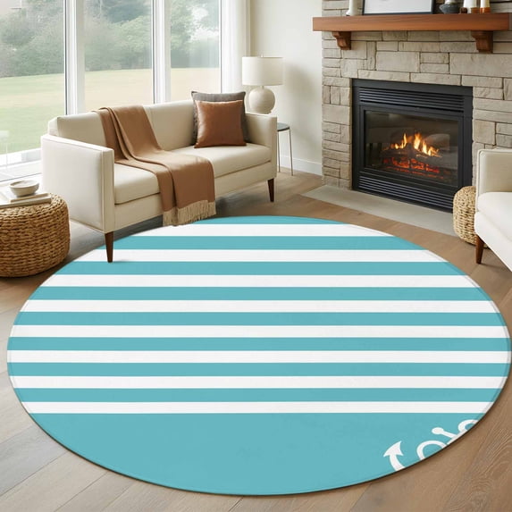 Round Area Rug 5ft,Love Nautical Anchor on Blue Washable Carpet Non-Slip Runner Accent Rugs Indoor Floor Mat for Bedroom Living Room Decor,Classic Horizontal Stripes