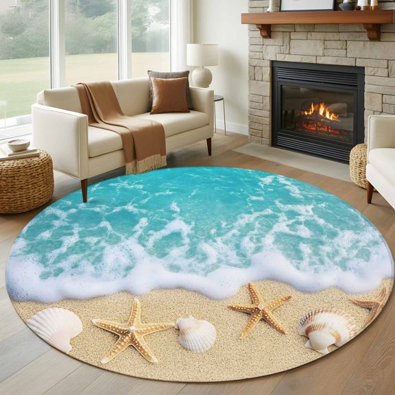 Round Area Rug 5ft Marine Life Starfish Shell Sand Beach Area Rugs Washable Low Pile Floor Carpet for Bedroom, Ocean Foamy Sea Wave Non Slip Soft Rugs for Living Room Entryway Dining Room
