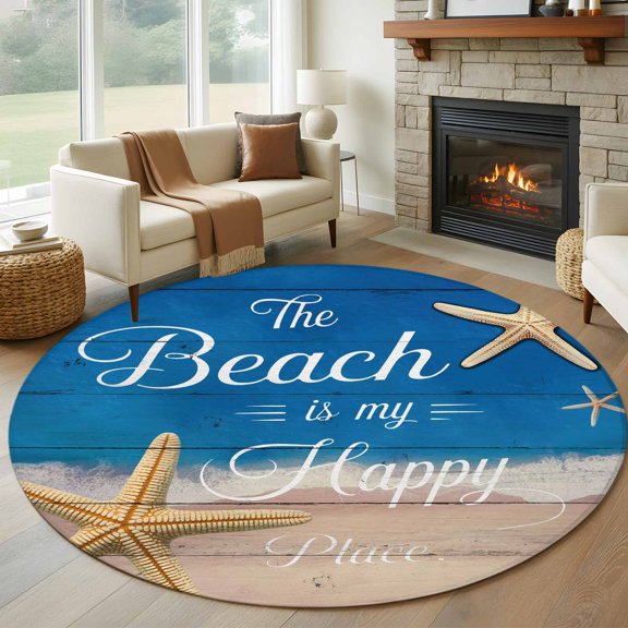 Round Area Rug 5ft Marine Theme Beach Starfish Area Rugs Washable Low Pile Floor Carpet for Bedroom, Happy Place Quote Wooden Plank Non Slip Soft Rugs for Living Room Entryway Dining Room