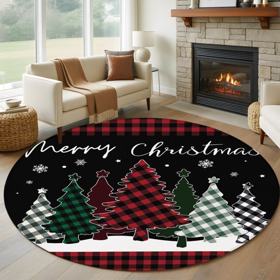 Round Area Rug 5ft Merry Christmas Tree Red Lattice Area Rugs Washable Low Pile Floor Carpet for Bedroom, Winter Snowflake on Black Non Slip Soft Rugs for Living Room Entryway Dining Room