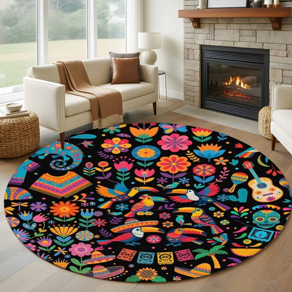 Round Area Rug 5ft Mexico Floral Flower Guitar Cactus Parrot Area Rugs Washable Low Pile Floor Carpet for Bedroom, Retro Aesthetic Non Slip Soft Rugs for Living Room Entryway Dining Room