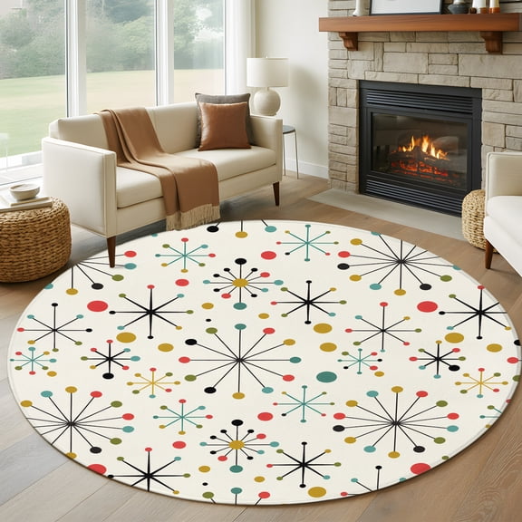 Round Area Rug 5ft Mid Century Abstract Geometric Area Rugs Washable Low Pile Floor Carpet for Bedroom, Modern Colorful Atomic Non Slip Soft Rugs for Living Room Entryway Dining Room