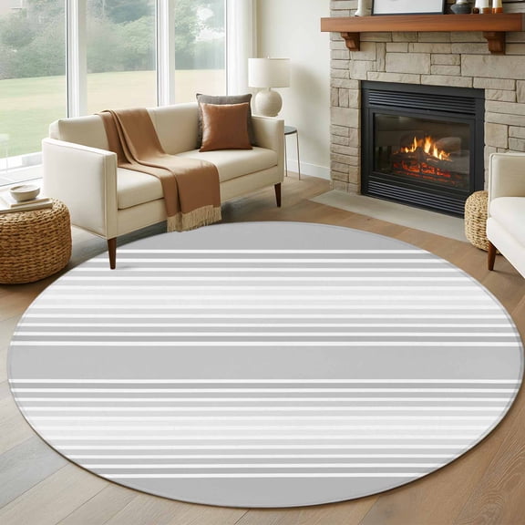 Round Area Rug 5ft, Minimalist Gray Horizontal Striped Non-Slip Non-Shedding Floor Mat, Geometric Lines Washable Sturdy Carpet for Living Room Bedroom Home Decor