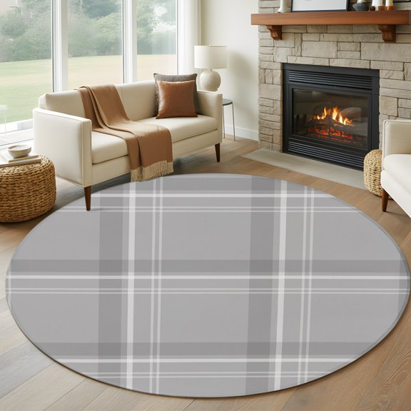 Round Area Rug 5ft, Minimalist Gray Plaid Non-Shedding Washable Area Rug, Neutral Tartan Checkered Non Slip Low-Profile Circle Rugs for Living Room, Bedroom Dining Room