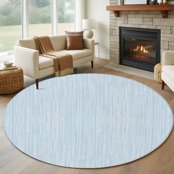 Round Area Rug 5ft Minimalist Light Blue Area Rugs Washable Low Pile Floor Carpet for Bedroom, Vintage Linen Weave Textured Non Slip Soft Rugs for Living Room Entryway Dining Room