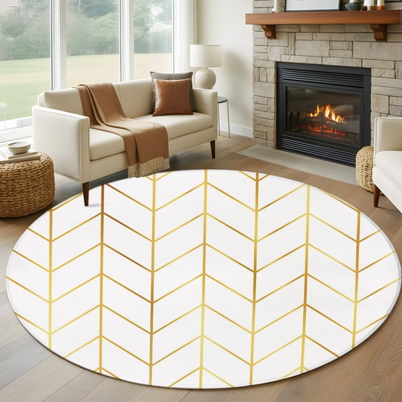Round Area Rug 5ft Minimalist Yellow Herringbone Arrow Area Rugs Washable Low Pile Floor Carpet for Bedroom, Abstract Geometric Line Non Slip Soft Rugs for Living Room Entryway Dining Room