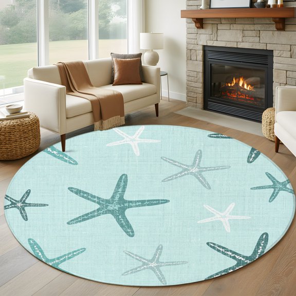 Round Area Rug 5ft Mint Green Ocean Starfish Area Rugs Washable Low Pile Floor Carpet for Bedroom, Summer Coastal Starfish Non Slip Soft Rugs for Living Room Entryway Dining Room