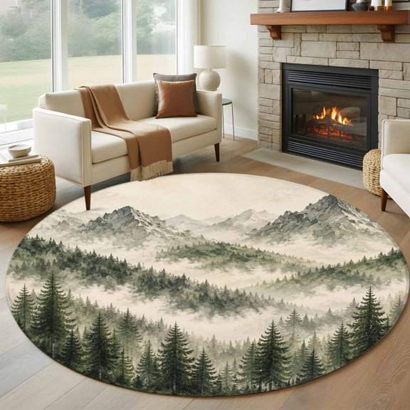 Round Area Rug 5ft Misty Forest Mountain Peaks Area Rugs Washable Low Pile Floor Carpet for Bedroom, Retro Natural Landscape Non Slip Soft Rugs for Living Room Entryway Dining Room