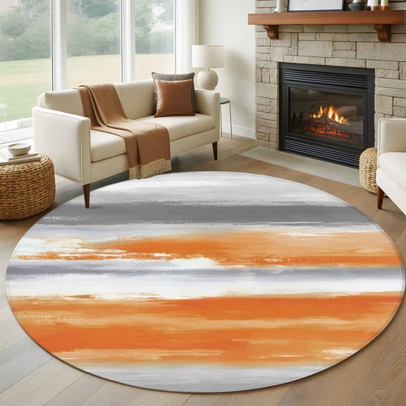 Round Area Rug 5ft Modern Abstract Canvas Art Area Rugs Washable Low Pile Floor Carpet for Bedroom, Orange Gray Striped Non Slip Soft Rugs for Living Room Entryway Dining Room