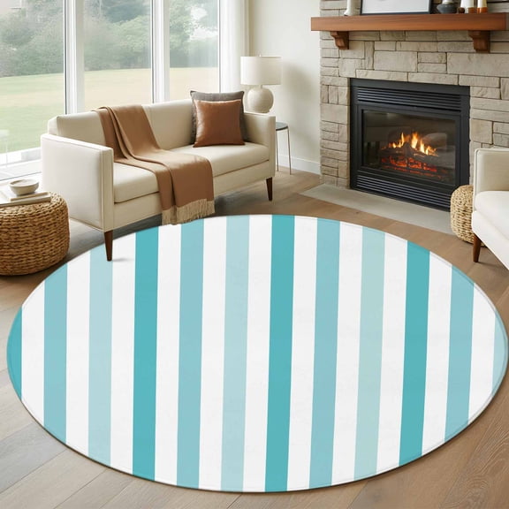 Round Area Rug 5ft, Modern Aqua Gradient Stripe Non-Slip Non-Shedding Floor Mat, Abstract Minimalist Line Washable Sturdy Carpet for Living Room Bedroom Home Decor