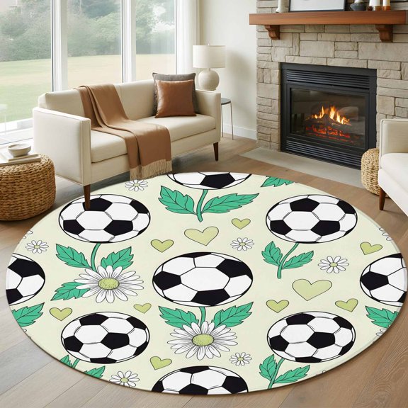 Round Area Rug 5ft, Modern Black White Football Non-Slip Non-Shedding Floor Mat, Boho Daisy Flower Love Heart Washable Sturdy Carpet for Living Room Bedroom Home Decor