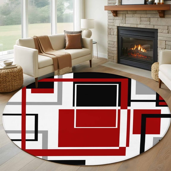 Round Area Rug 5ft Modern Burgundy Red Black White Art Area Rugs Washable Low Pile Floor Carpet for Bedroom, Abstract Geometric Non Slip Soft Rugs for Living Room Entryway Dining Room