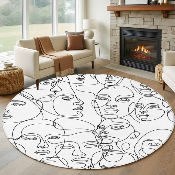 Round Area Rug 5ft Modern Character Face Abstract Line Arts Area Rugs Washable Low Pile Floor Carpet for Bedroom, White Non Slip Soft Rugs for Living Room Entryway Dining Room