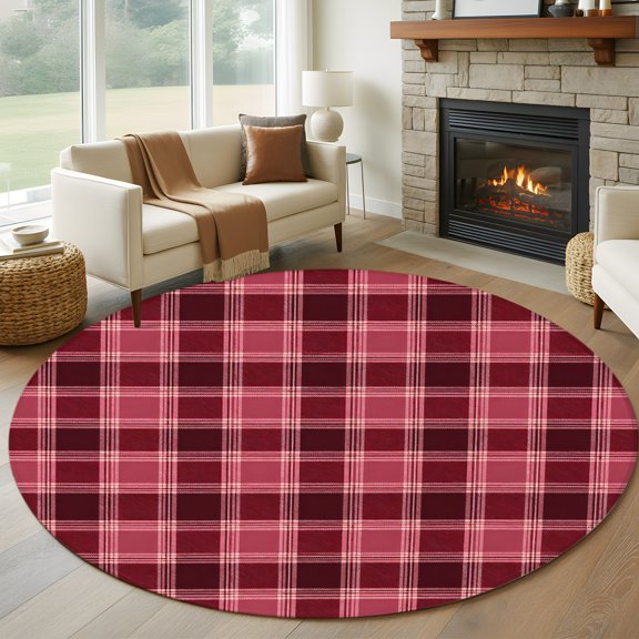 Round Area Rug 5ft Modern Dark Red Lattice Tartan Area Rugs Washable Low Pile Floor Carpet for Bedroom, Christmas Buffalo Plaid Non Slip Soft Rugs for Living Room Entryway Dining Room