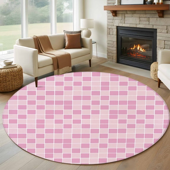 Round Area Rug 5ft Modern Geometric Square Lattice Area Rugs Washable Low Pile Floor Carpet for Bedroom, Pink Buffalo Checker Ombre Non Slip Soft Rugs for Living Room Entryway Dining Room