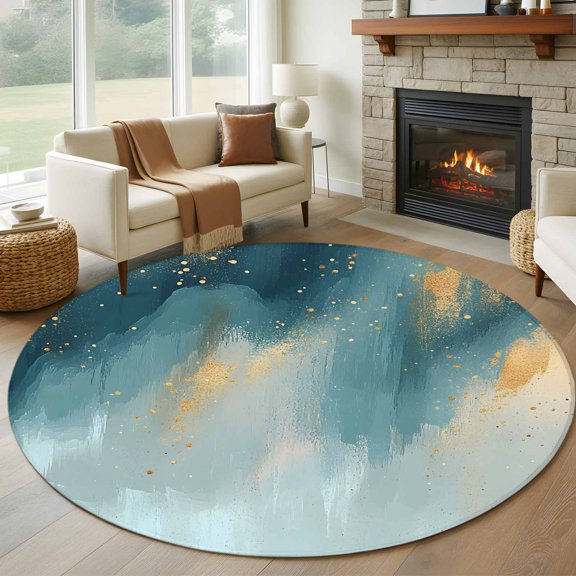 Round Area Rug 5ft Modern Gradient Fluid Art Area Rugs Washable Low Pile Floor Carpet for Bedroom, Turquoise Gold Minimalist Style Non Slip Soft Rugs for Living Room Entryway Dining Room