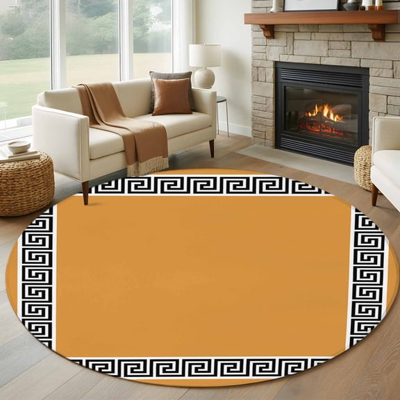Round Area Rug 5ft Modern Greek Geometric Art on Orange Area Rugs Washable Low Pile Floor Carpet for Bedroom, Geometric Non Slip Soft Rugs for Living Room Entryway Dining Room