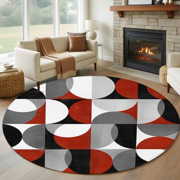 Round Area Rug 5ft Modern Medieval Abstract Geometric Art Area Rugs Washable Low Pile Floor Carpet for Bedroom, Red Black Grey Plaid Non Slip Soft Rugs for Living Room Entryway Dining Room