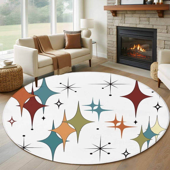 Round Area Rug 5ft Modern Mid Century Geometric Area Rugs Washable Low Pile Floor Carpet for Bedroom, Abstract Diamond Art Non Slip Soft Rugs for Living Room Entryway Dining Room