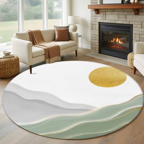 Round Area Rug 5ft Modern Mountain Sunset Scenery Area Rugs Washable Low Pile Floor Carpet for Bedroom, Sage Green Gold Stripe Non Slip Soft Rugs for Living Room Entryway Dining Room
