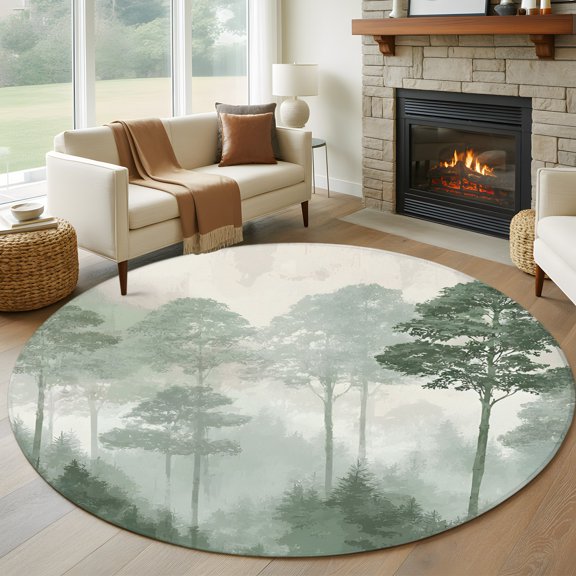 Round Area Rug 5ft Modern Natural Pine Trees Area Rugs Washable Low Pile Floor Carpet for Bedroom, Green Plant Misty Forest Non Slip Soft Rugs for Living Room Entryway Dining Room