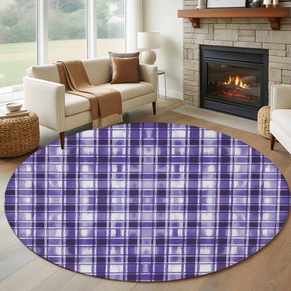 Round Area Rug 5ft,Modern Purple Checkered Washable Carpet Non-Slip Runner Accent Rugs Indoor Floor Mat for Bedroom Living Room Decor,Minimalist Style Buffalo Plaid