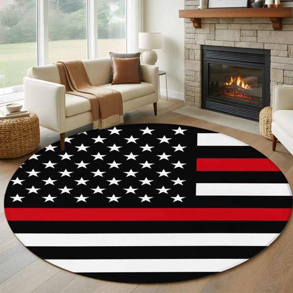 Round Area Rug 5ft Modern USA Stripe Star Flag Area Rugs Washable Low Pile Floor Carpet for Bedroom, American Flags Theme Non Slip Soft Rugs for Living Room Entryway Dining Room