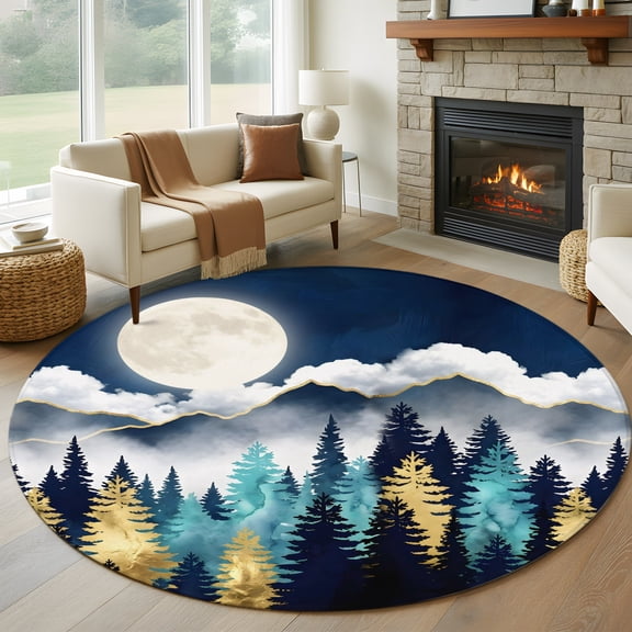Round Area Rug 5ft Moonlit Night Forest Mountains Area Rugs Washable Low Pile Floor Carpet for Bedroom, Gorgeous Style Non Slip Soft Rugs for Living Room Entryway Dining Room