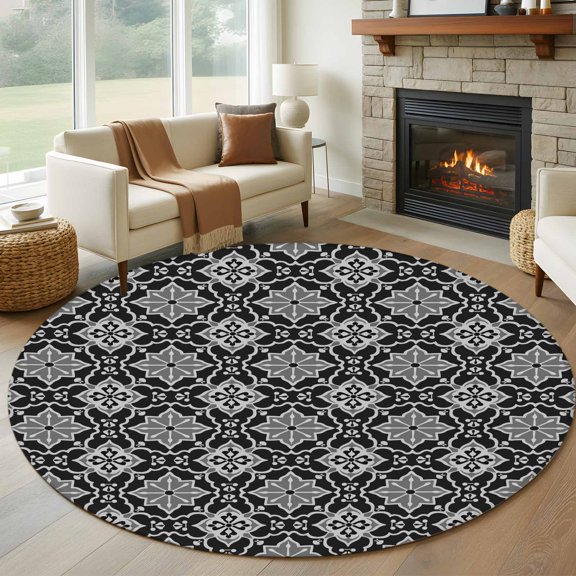 Round Area Rug 5ft Moroccan Classical Rhombus Pattern Area Rugs Washable Low Pile Floor Carpet for Bedroom, Kaleidoscope Abstract Art Non Slip Soft Rugs for Living Room Entryway Dining Room