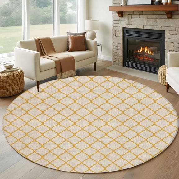 Round Area Rug 5ft Moroccan Pattern Circle Kitchen Mats Non-Slip Rustic Vintage Yellow Washable Round Carpet for Kitchen Living Room Bedroom Home Decor