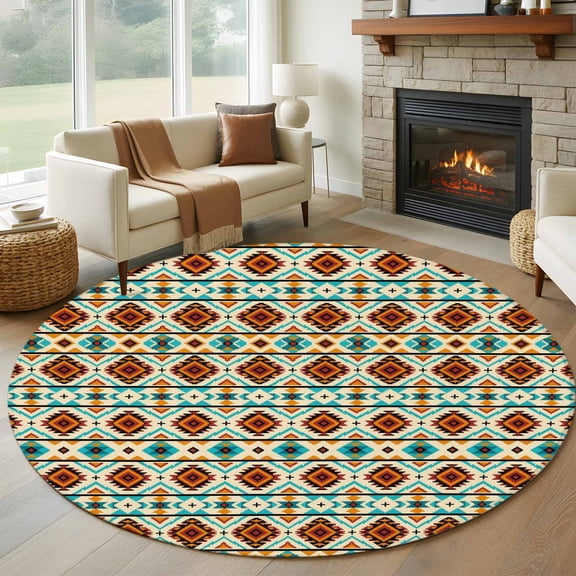 Round Area Rug 5ft Morocco Abstract Tribal Texture Area Rugs Washable Low Pile Floor Carpet for Bedroom, Ethnic Geometric Square Art Non Slip Soft Rugs for Living Room Entryway Dining Room