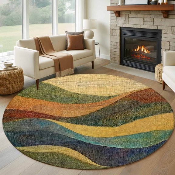 Round Area Rug 5ft Mountain Abstract Geometric Area Rugs Washable Low Pile Floor Carpet for Bedroom, Retro Style Non Slip Soft Rugs for Living Room Entryway Dining Room