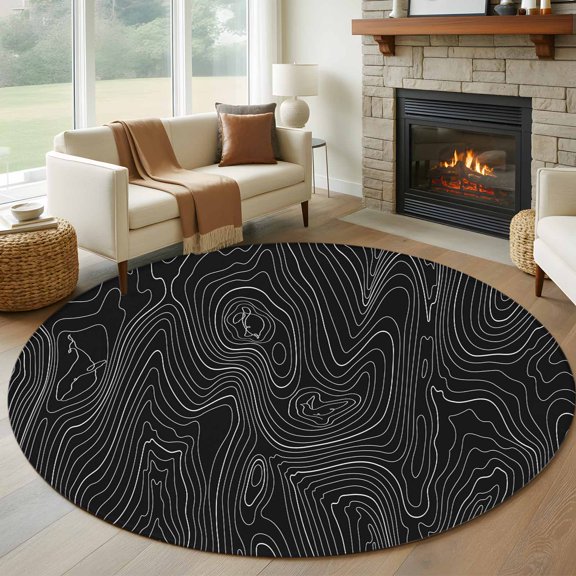Round Area Rug 5ft Mountain Geography Terrain Art Area Rugs Washable Low Pile Floor Carpet for Bedroom, Circular Geometric Line on Black Non Slip Soft Rugs for Living Room Entryway Dining Room
