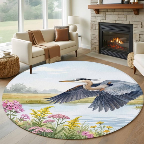 Round Area Rug 5ft Natural Flying Heron Flower Lake Area Rugs Washable Low Pile Floor Carpet for Bedroom, Watercolor Wetland Scene Non Slip Soft Rugs for Living Room Entryway Dining Room