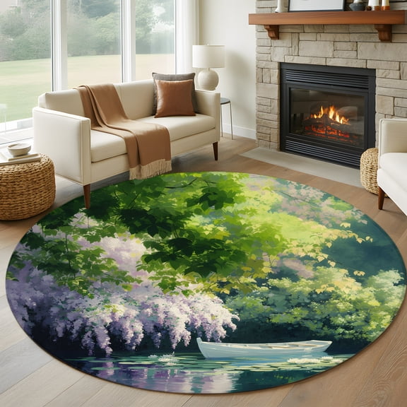 Round Area Rug 5ft Natural Forest Landscape Artwork Area Rugs Washable Low Pile Floor Carpet for Bedroom, White Boat on Lake Scenery Non Slip Soft Rugs for Living Room Entryway Dining Room
