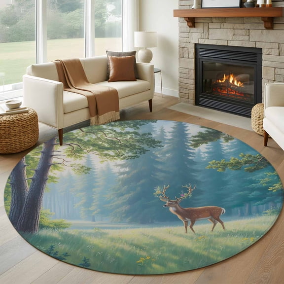 Round Area Rug 5ft Natural Forest Trees Wild Elk Area Rugs Washable Low Pile Floor Carpet for Bedroom, Nature Scenery Non Slip Soft Rugs for Living Room Entryway Dining Room