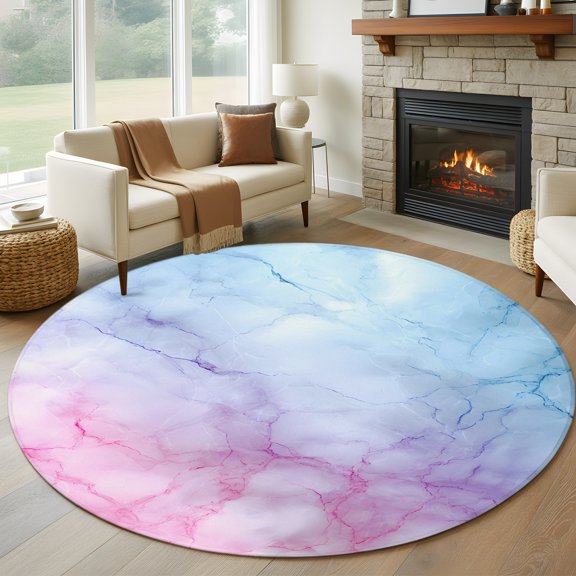 Round Area Rug 5ft Natural Marble Agate Stone Texture Area Rugs Washable Low Pile Floor Carpet for Bedroom, Pink Blue Gradient Non Slip Soft Rugs for Living Room Entryway Dining Room