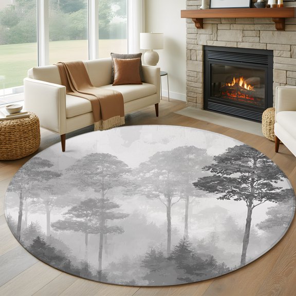Round Area Rug 5ft Natural Misty Forest Pine Trees Area Rugs Washable Low Pile Floor Carpet for Bedroom, Monochromic Wild Plant Scene Non Slip Soft Rugs for Living Room Entryway Dining Room