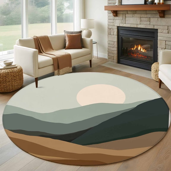 Round Area Rug 5ft Natural Scenery Abstract Sunset Area Rugs Washable Low Pile Floor Carpet for Bedroom, Mountain Brown Green Stripe Non Slip Soft Rugs for Living Room Entryway Dining Room