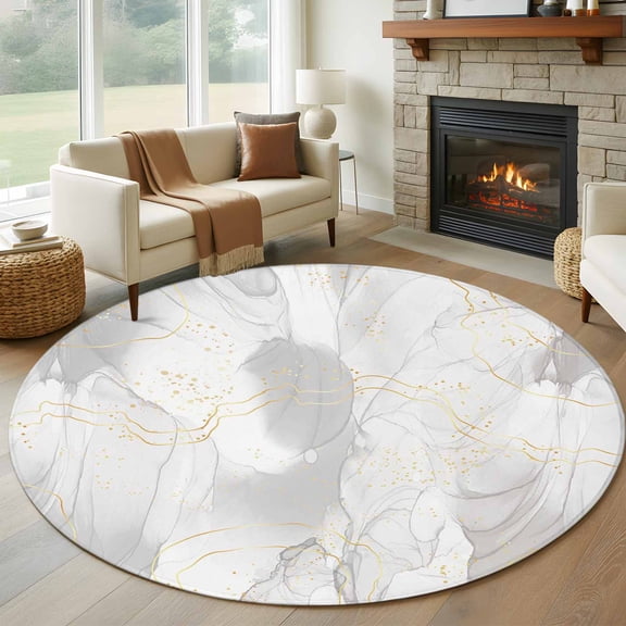 Round Area Rug 5ft Natural White Grey Marble Stone Area Rugs Washable Low Pile Floor Carpet for Bedroom, Abstract Agate Gold Stripe Non Slip Soft Rugs for Living Room Entryway Dining Room
