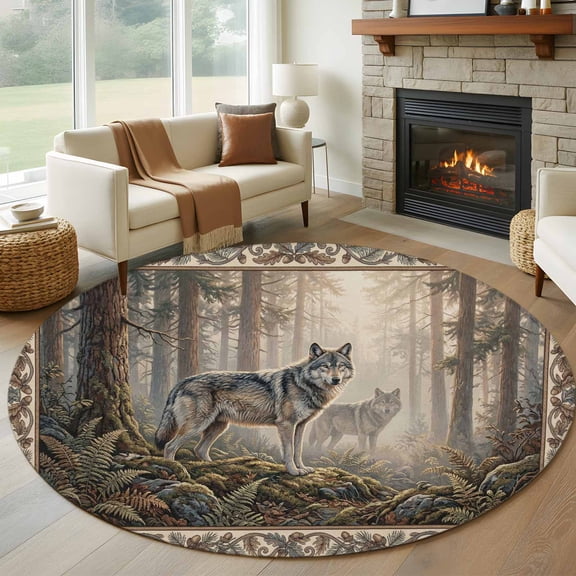 Round Area Rug 5ft Natural Wild Wolf Forest Scenery Area Rugs Washable Low Pile Floor Carpet for Bedroom, Animal Botanical Tree Plant Non Slip Soft Rugs for Living Room Entryway Dining Room