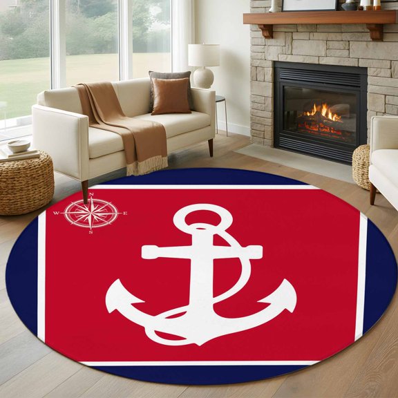 Round Area Rug 5ft Nautical Anchor Compass Marine Theme Area Rugs Washable Low Pile Floor Carpet for Bedroom, Red Blue White Non Slip Soft Rugs for Living Room Entryway Dining Room