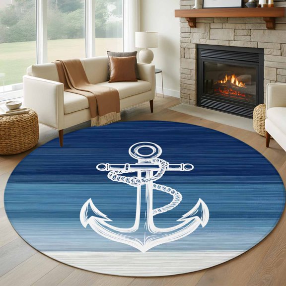 Round Area Rug 5ft Nautical Anchor Navy Blue Gradient Area Rugs Washable Low Pile Floor Carpet for Bedroom, Summer Coastal Nautical Theme Non Slip Soft Rugs for Living Room Entryway Dining Room