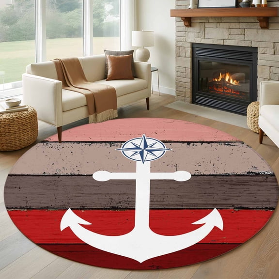 Round Area Rug 5ft Nautical Anchor Ocean Compass Area Rugs Washable Low Pile Floor Carpet for Bedroom, Farm Red Gradient Wood Grain Non Slip Soft Rugs for Living Room Entryway Dining Room