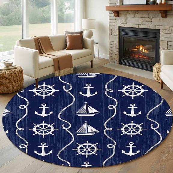 Round Area Rug 5ft, Nautical Anchor Sailboat Non-Slip Non-Shedding Floor Mat, Deep Navy Blue Background Washable Sturdy Carpet for Living Room Bedroom Home Decor