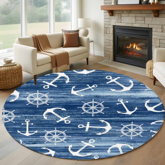 Round Area Rug 5ft Nautical Compass Anchor Area Rugs Washable Low Pile Floor Carpet for Bedroom, Coastal Ocean Blue Theme Non Slip Soft Rugs for Living Room Entryway Dining Room